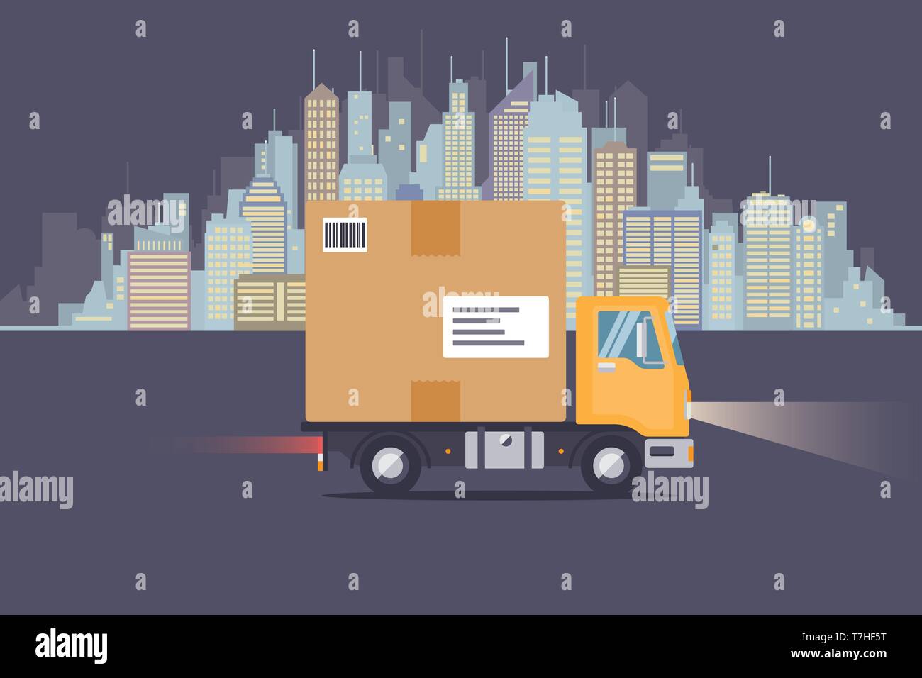 Camion de livraison le lendemain avec colis géant sur les toits de la ville modèle plat vector illustration Illustration de Vecteur