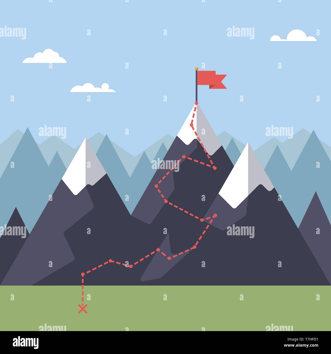Chemin de drapeau sur sommet de montagne modèle plat vector illustration. Chemin au succès concept. Illustration de Vecteur