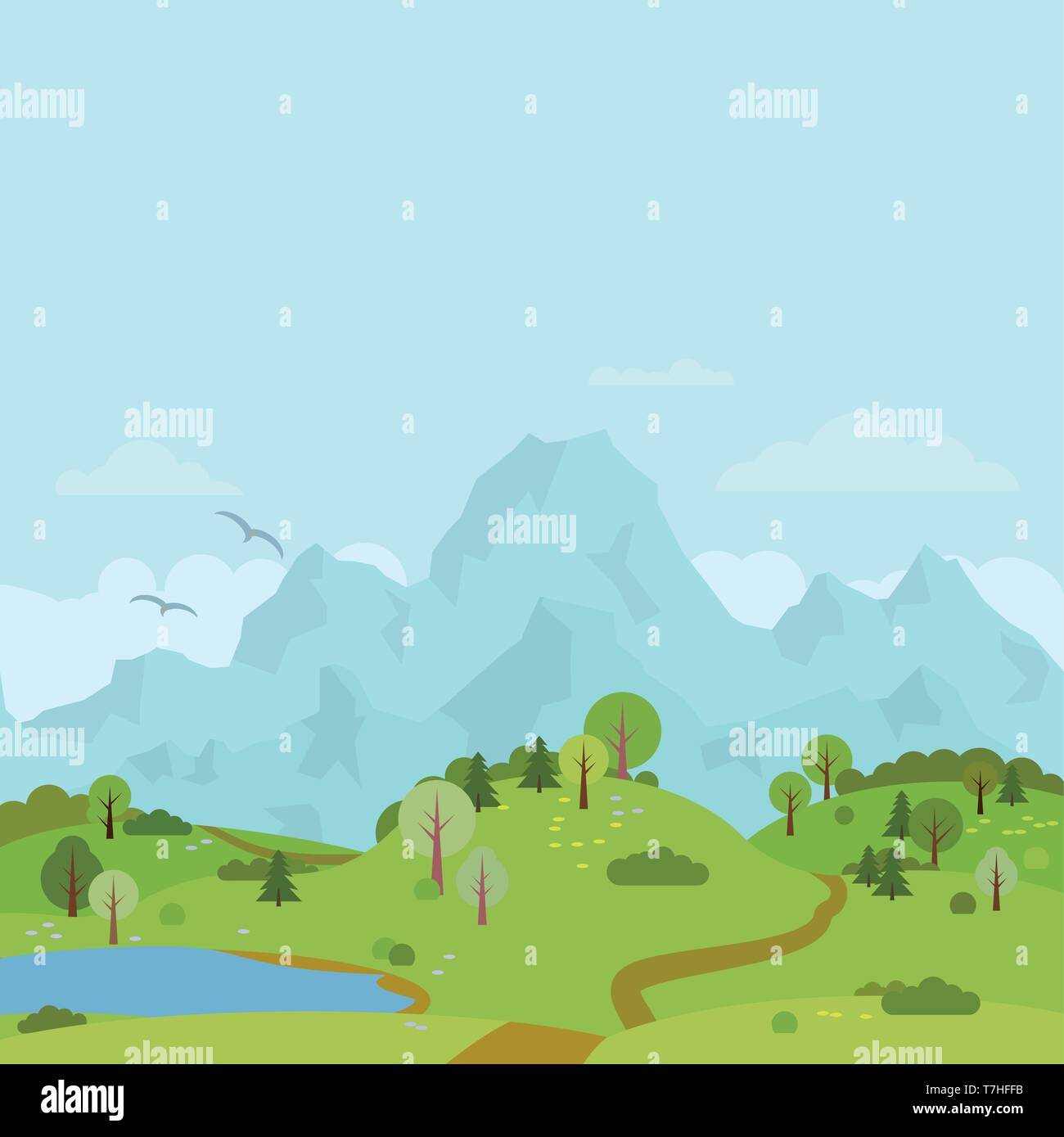 Paysage de montagne avec petit lac entre collines vector illustration Illustration de Vecteur