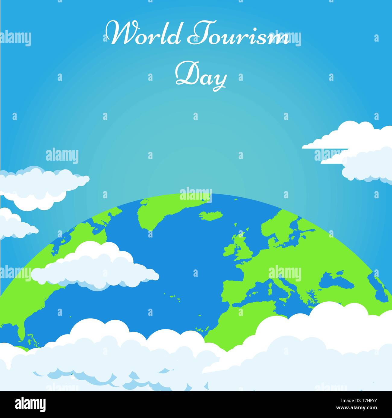 Journée mondiale du tourisme avec l'arrière-plan et nuages de terre verte affiche illustration vectorielle Illustration de Vecteur