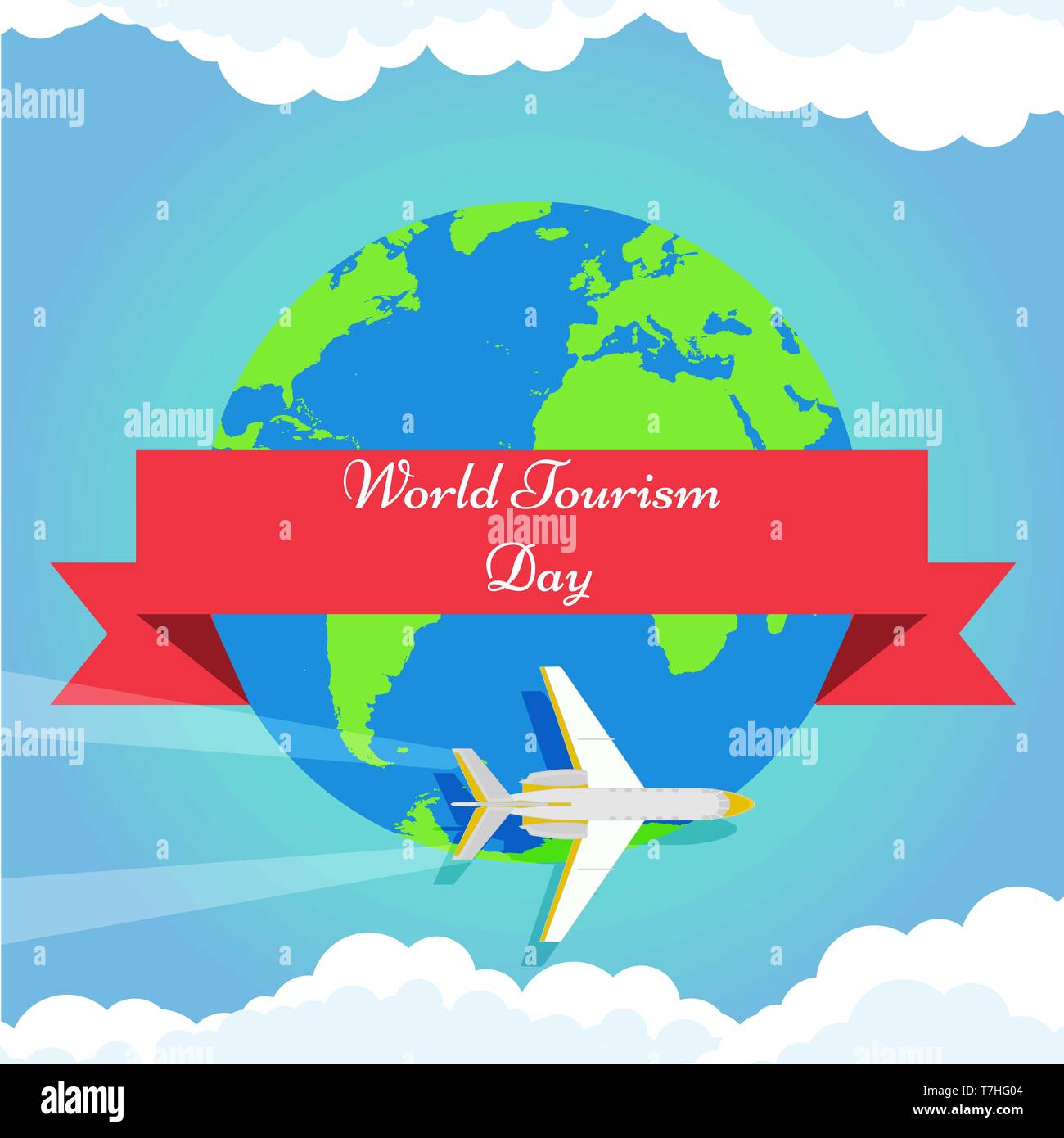 Contexte de la journée mondiale du tourisme vert, avec la terre et les nuages avion poster vector illustration Illustration de Vecteur