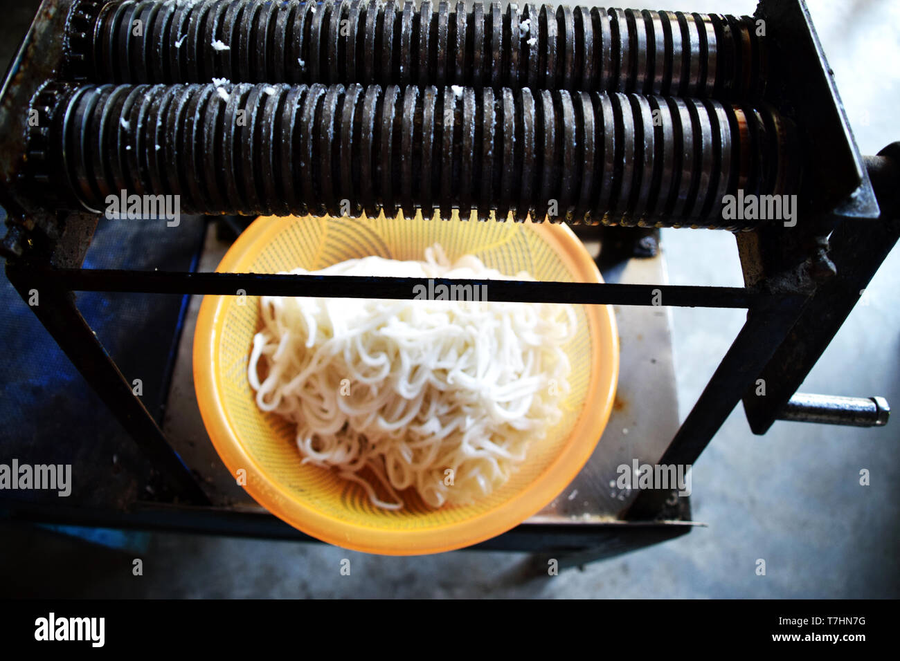 Des nouilles de riz vietnamien fait à l'aide d'une vieille machine. Photo prise lors d'un cours de cuisine à Hoi An, Vietnam Banque D'Images