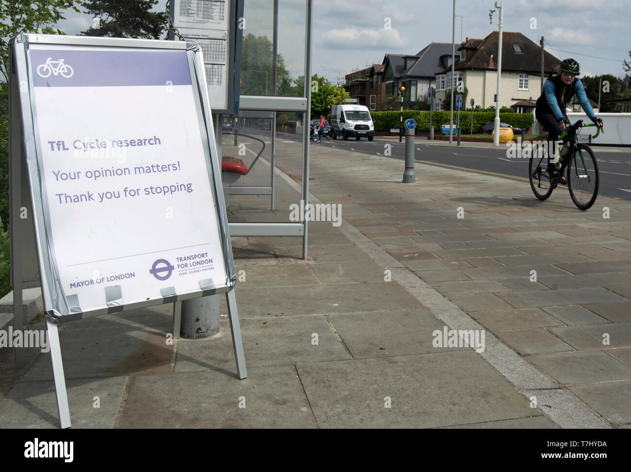 Cycliste féminine passe une enseigne temporaire indiquant Transport for London et bureau du maire cycle research, votre opinion compte, Kingston, en Angleterre Banque D'Images