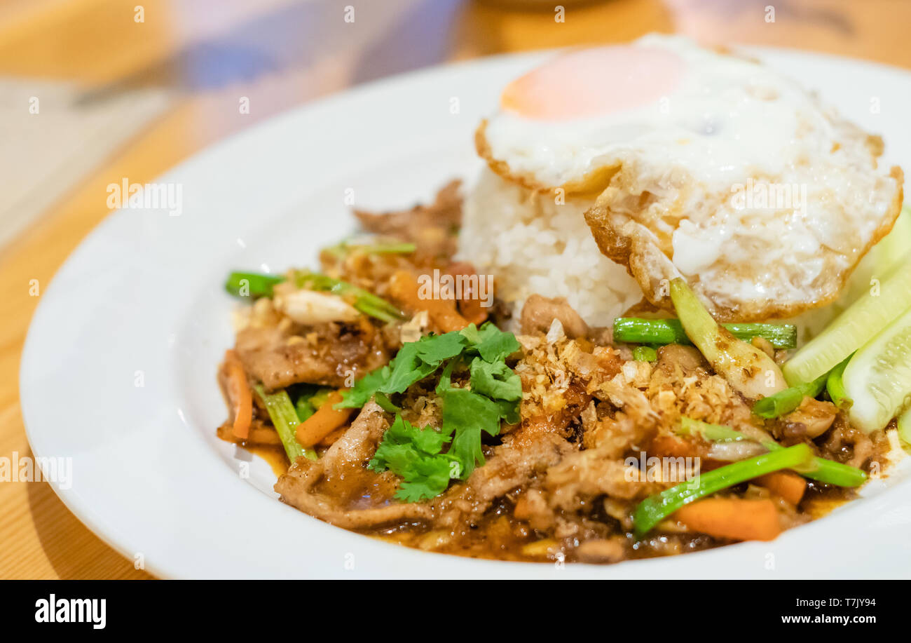 Une délicieuse cuisine thaïlandaise l'ail et le poivre avec du porc et des oeufs au plat avec du riz Jasmin libre avec concombre oignon de printemps et les feuilles de coriandre sur le dessus je Banque D'Images