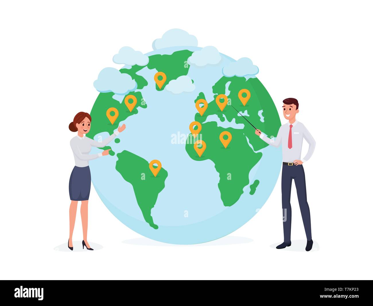 Caricature les gens debout à la carte du monde avec les axes. Affiche ...