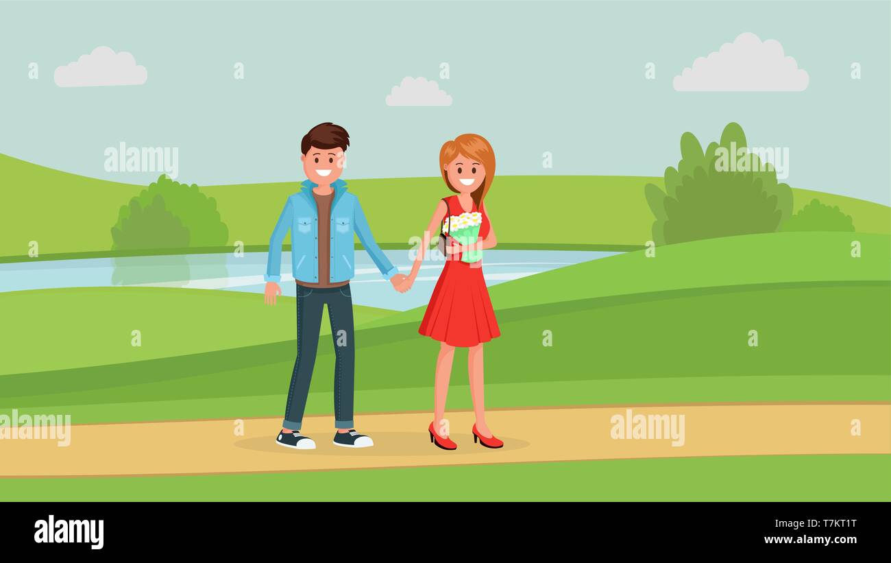 Deux jeunes personnes se tenant la main et walking in park style plat vector illustration Illustration de Vecteur