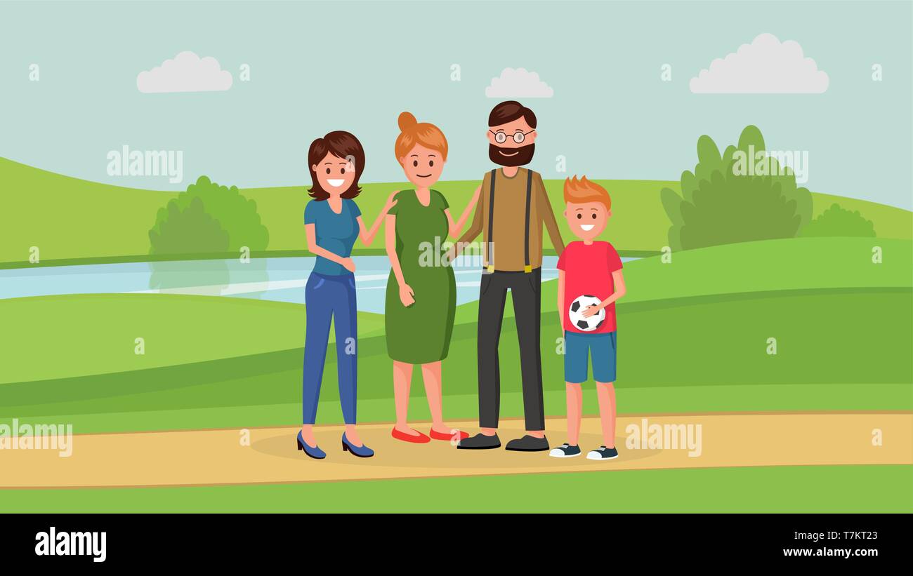 Mère et père de deux enfants de différentes tranches d'âge plus jeune et plus Girl standing in park style plat vector illustration. Concept de la famille Illustration de Vecteur