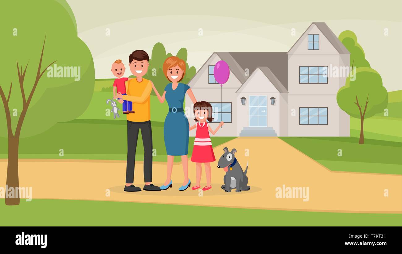 Heureux parents avec enfants et chien debout près de maison appartement style vector illustration. Le bonheur d'être parent concept Illustration de Vecteur