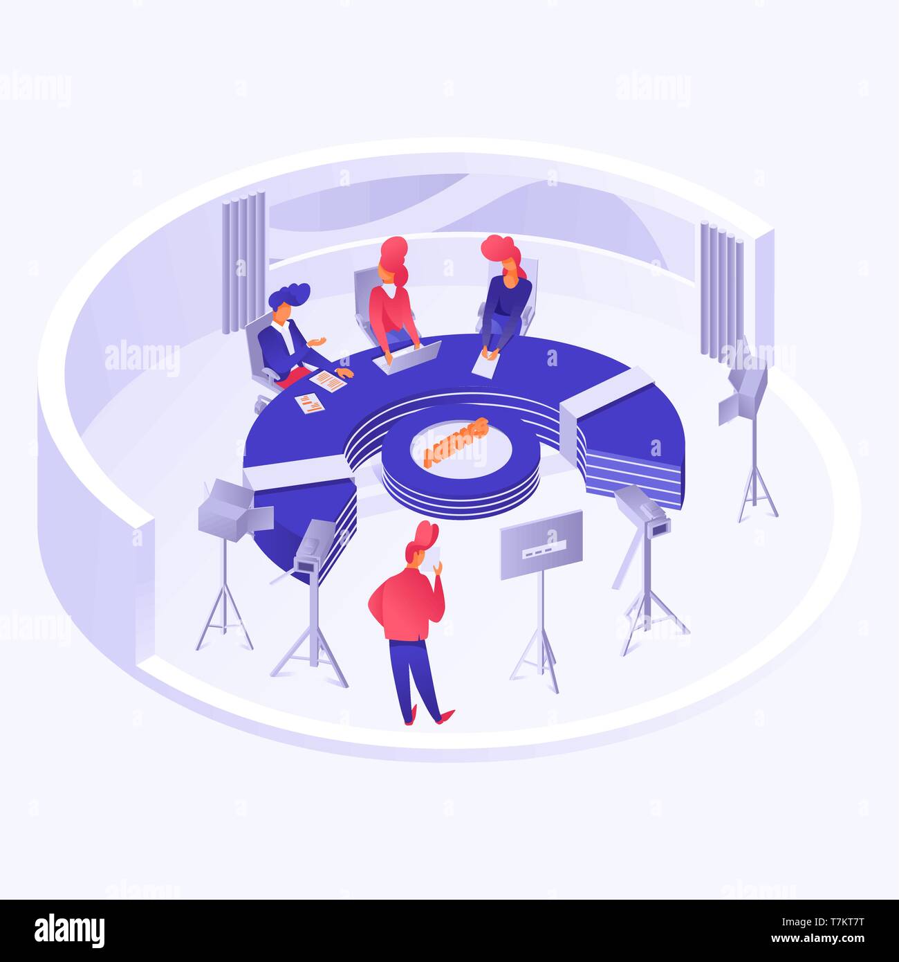 Trois orateurs ont assis près de grande table ronde et l'homme de l'appareil photo en live dans la chambre haute technologie vector illustration. Telecasting studio intérieur concept. Isolated on white Illustration de Vecteur