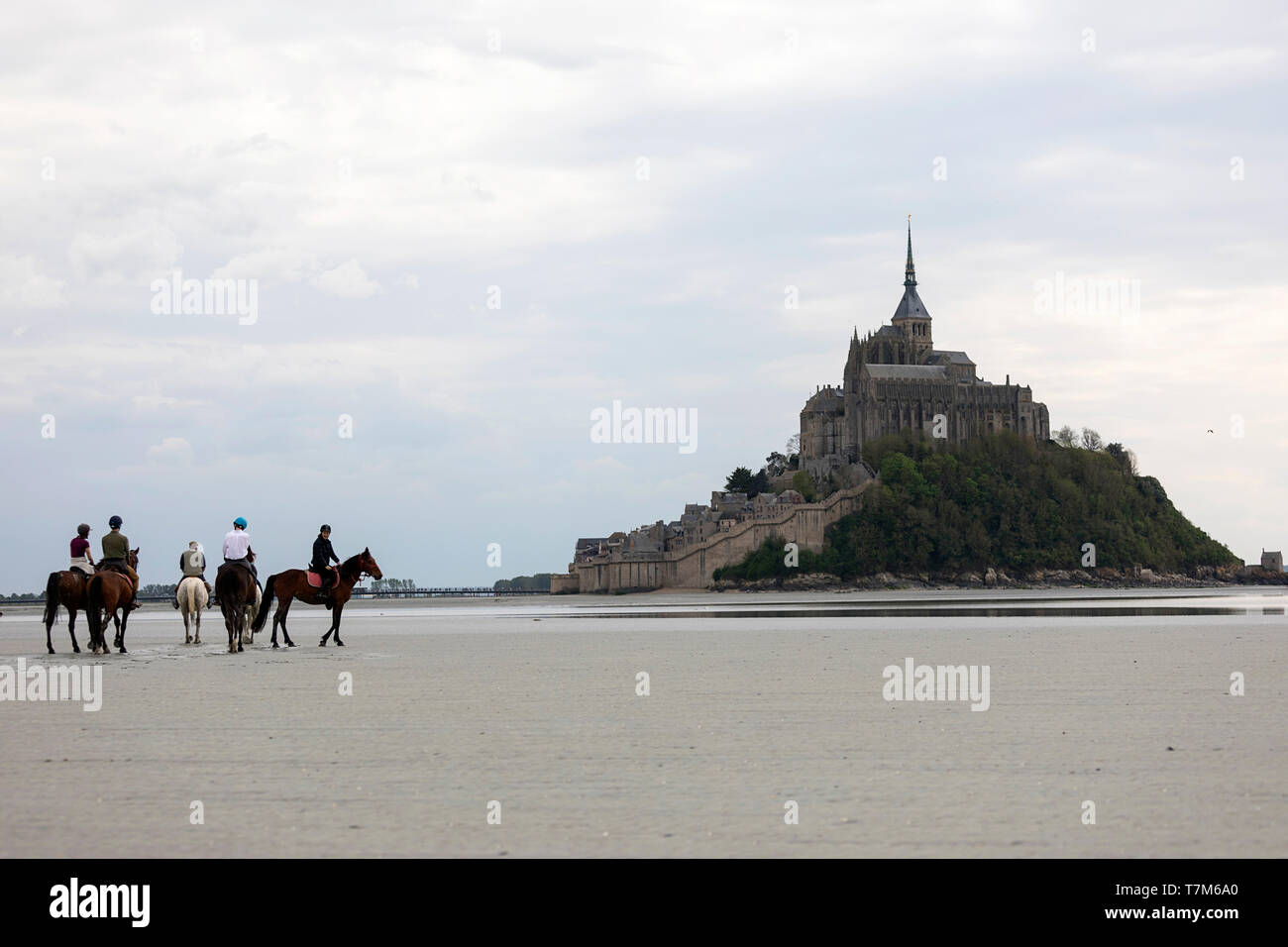 Traversée de la baie sur le sable du Mont Saint Michel sur les chevaux, Normandie, France Banque D'Images