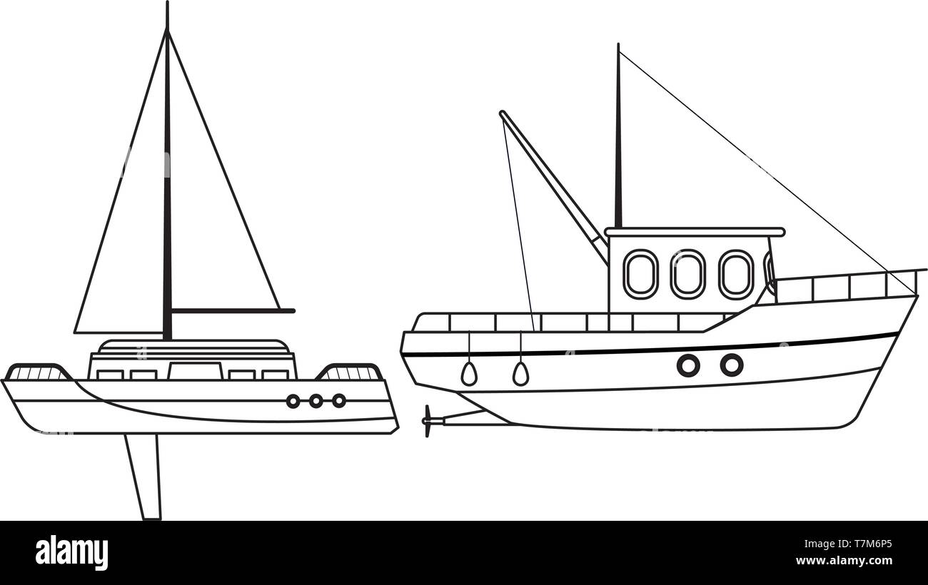 Bateau de pêche et de voyage mer voilier noir et blanc Illustration de Vecteur