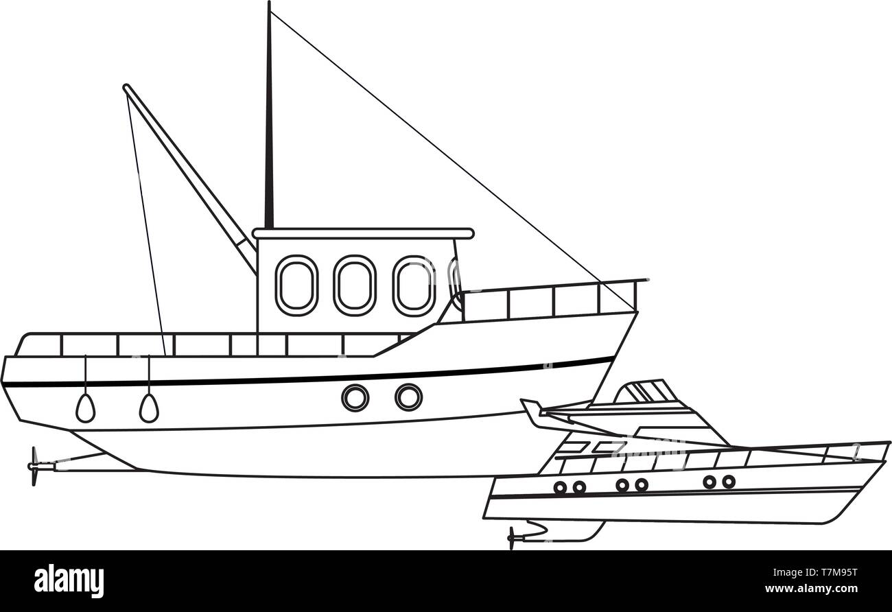 Bateau de pêche maritime et yatch noir et blanc Illustration de Vecteur