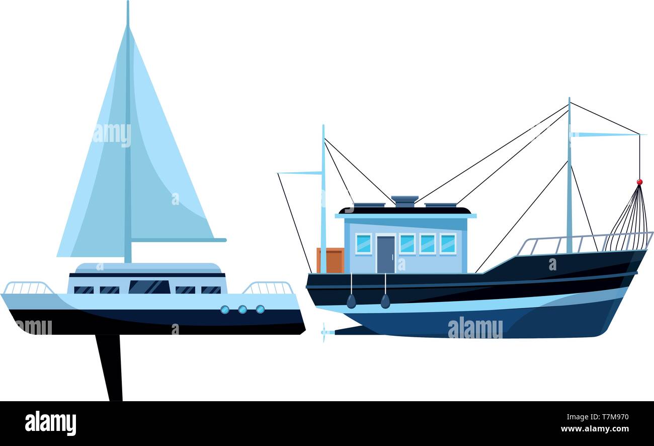 Bateau de pêche et de voyage mer voilier Illustration de Vecteur