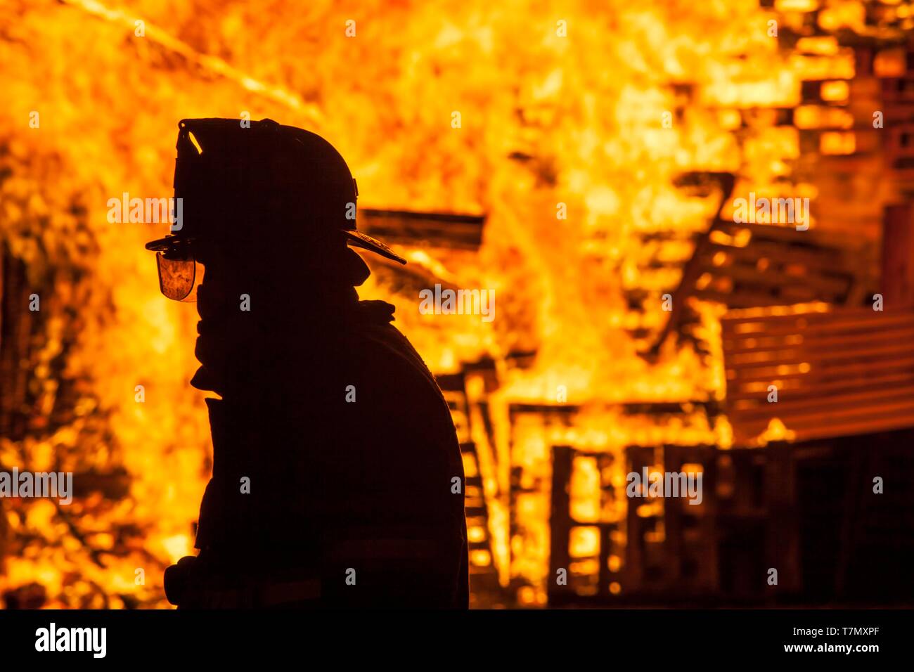 United States, New England, Massachusetts, Cape Ann, Rockport, quatrième de juillet Bonfire, silhouettes de pompiers Banque D'Images