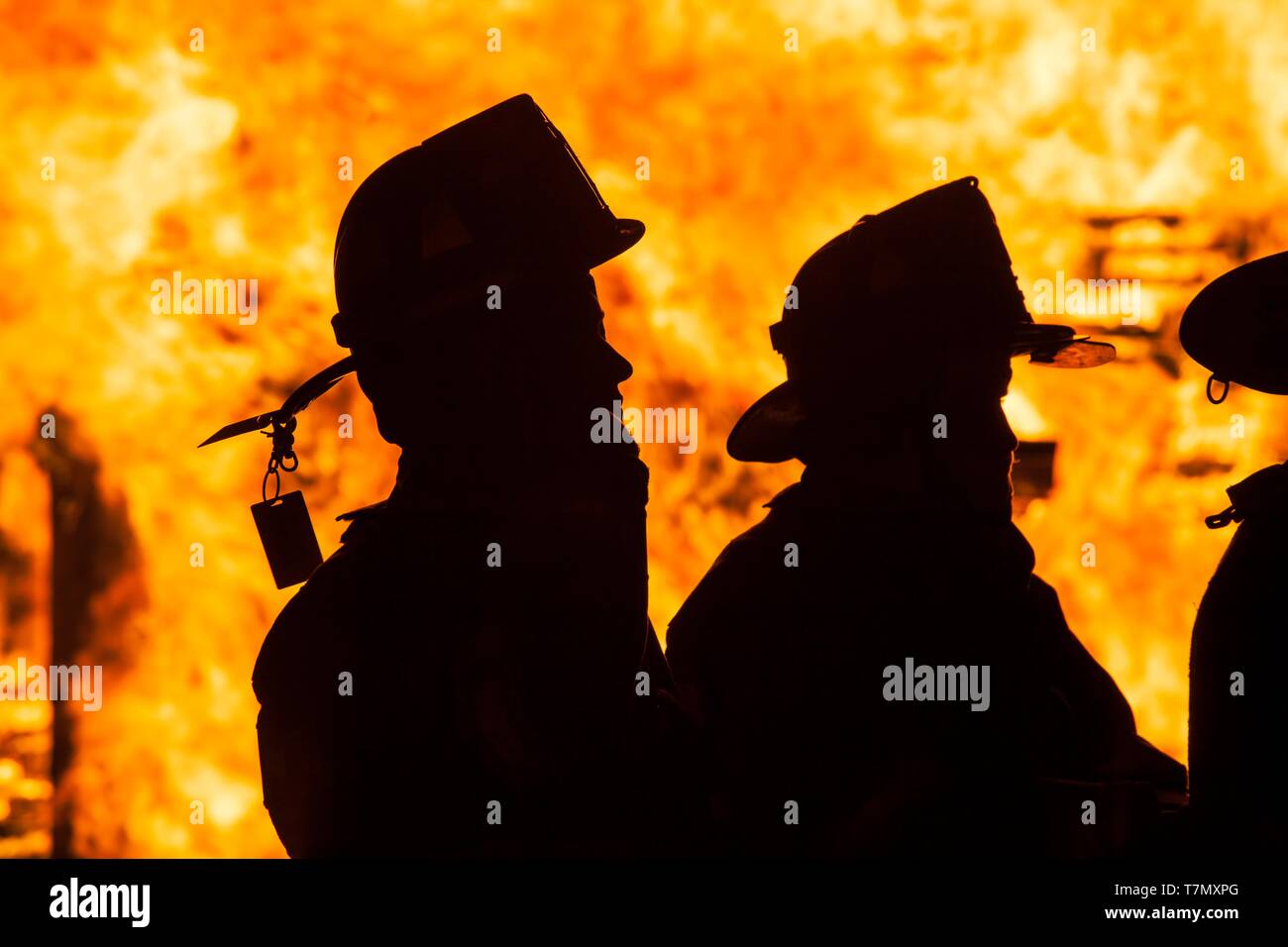 United States, New England, Massachusetts, Cape Ann, Rockport, quatrième de juillet Bonfire, silhouettes de pompiers Banque D'Images