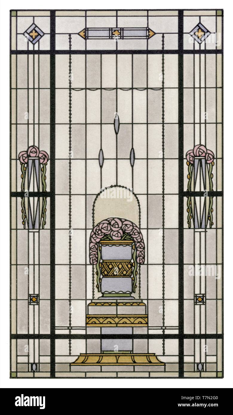 Vitraux, 3 modèles : Floral, Abstract - vintage Art Nouveau par illustration vitrail artistique 1911 Banque D'Images