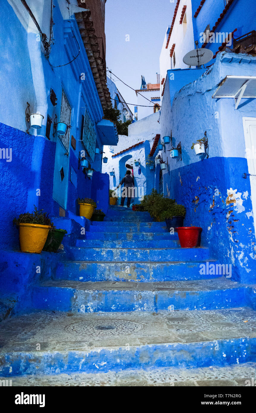 Chefchaouen, Maroc : Pots à un bleu-lavé raide ruelle de la médina, vieille ville. Banque D'Images