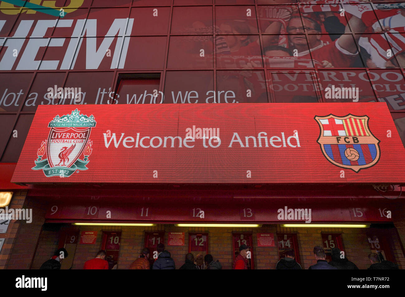 Bienvenue à Anfield signe 7e mail 2019 , Stade d'Anfield, Liverpool, Angleterre ; demi-finale de la Ligue des Champions, match retour, Liverpool FC vs FC Barcelone Crédit : Terry Donnelly/News Images Banque D'Images