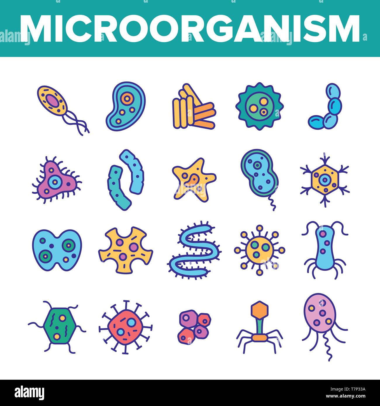 Les cellules des microorganismes fine ligne Icons Vector Set. Les virus, bactéries, organismes unicellulaires, les protozoaires Illustrations linéaire. Cocci et Bacillus. Infecti Illustration de Vecteur