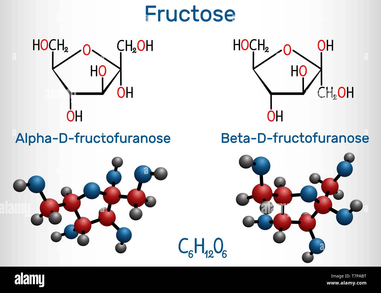 Le fructose, alpha-D-fructofuranose, bêta-D-fructofuranose molécule. La forme cyclique. Formule chimique structurale et molécule modèle. Vector illustration Illustration de Vecteur