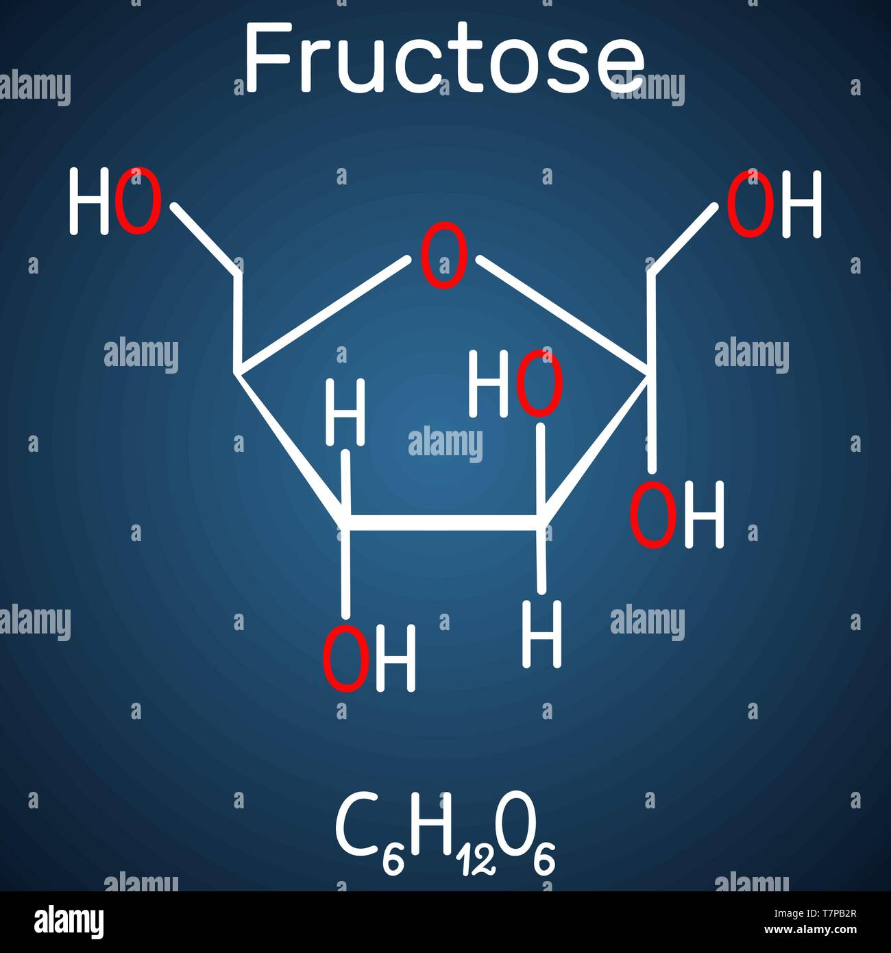 Le fructose, alpha-D-fructofuranose molécule. La forme cyclique. Formule chimique structurel sur le fond bleu foncé. Vector illustration Illustration de Vecteur