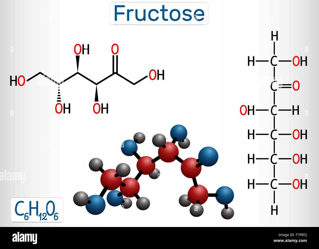 Le fructose, le D-fructose molécule. Forme linéaire. Formule chimique structurale et molécule modèle. Vector illustration Illustration de Vecteur