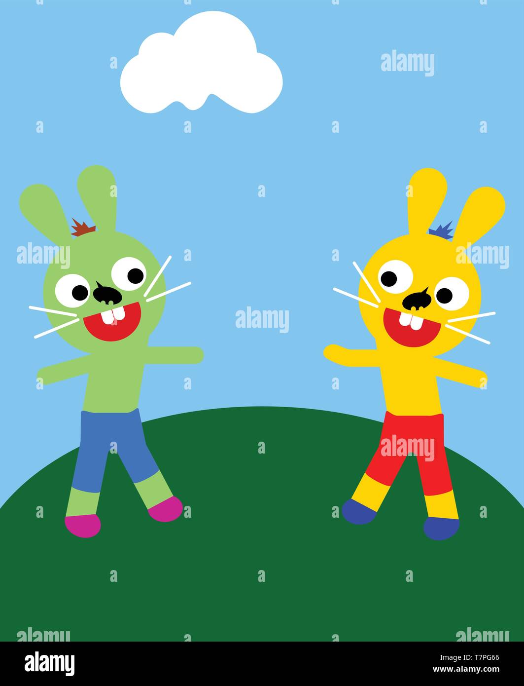 En vert et jaune des lapins heureux sur le green world Illustration de Vecteur