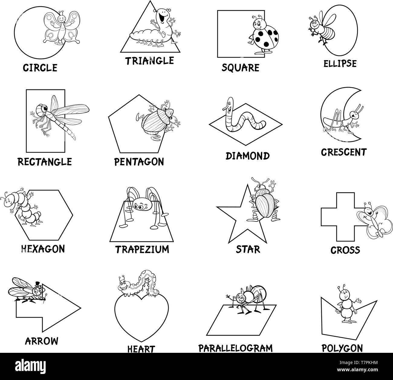 Noir et Blanc Dessin Animé éducatif Illustration de formes géométriques de base avec des légendes et des insectes pour les enfants Personnages Animaux Illustration de Vecteur