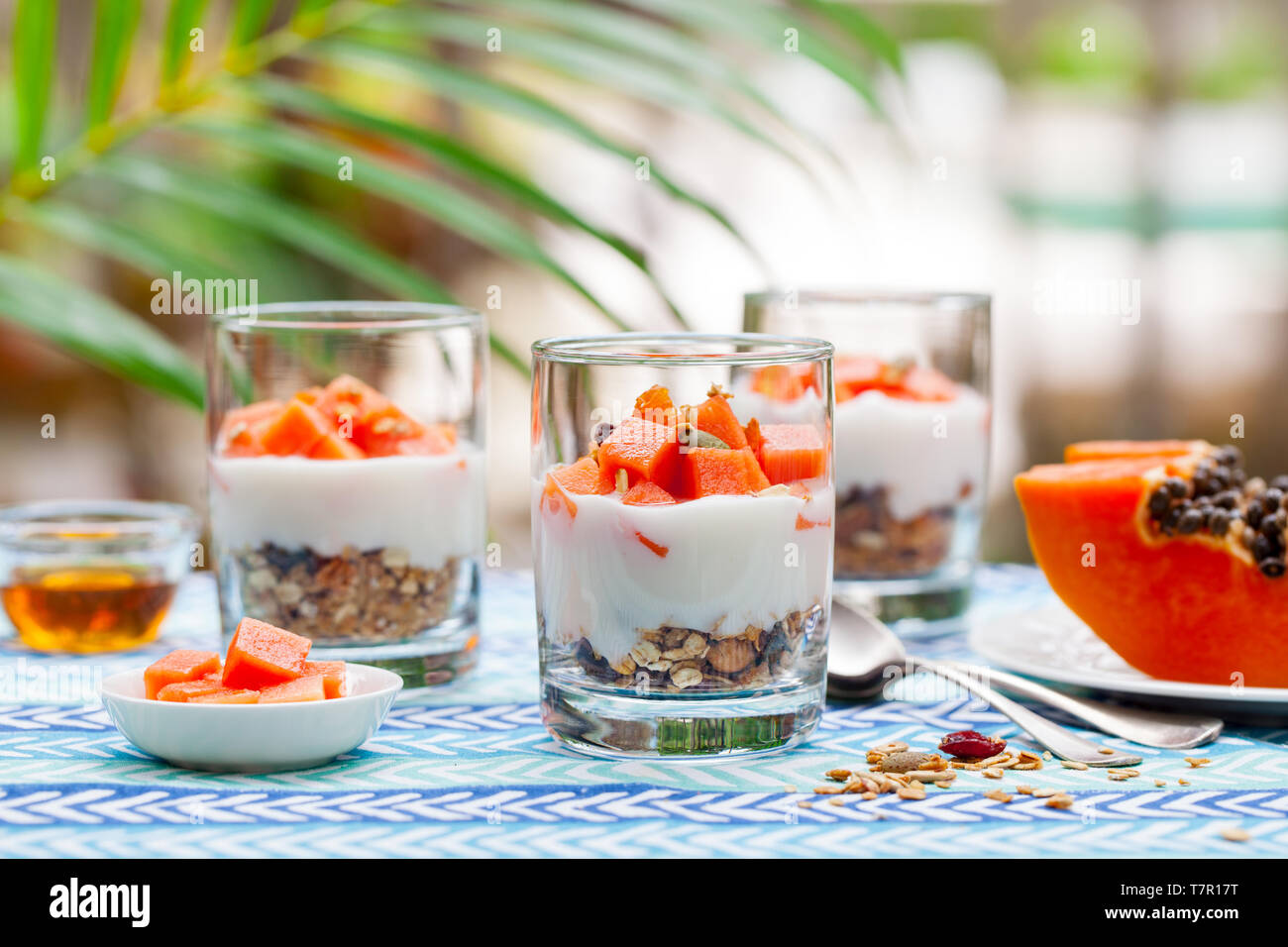 Dessert avec la papaye, le yogourt et granola dans des verres. Arrière-plan de plein air. Banque D'Images