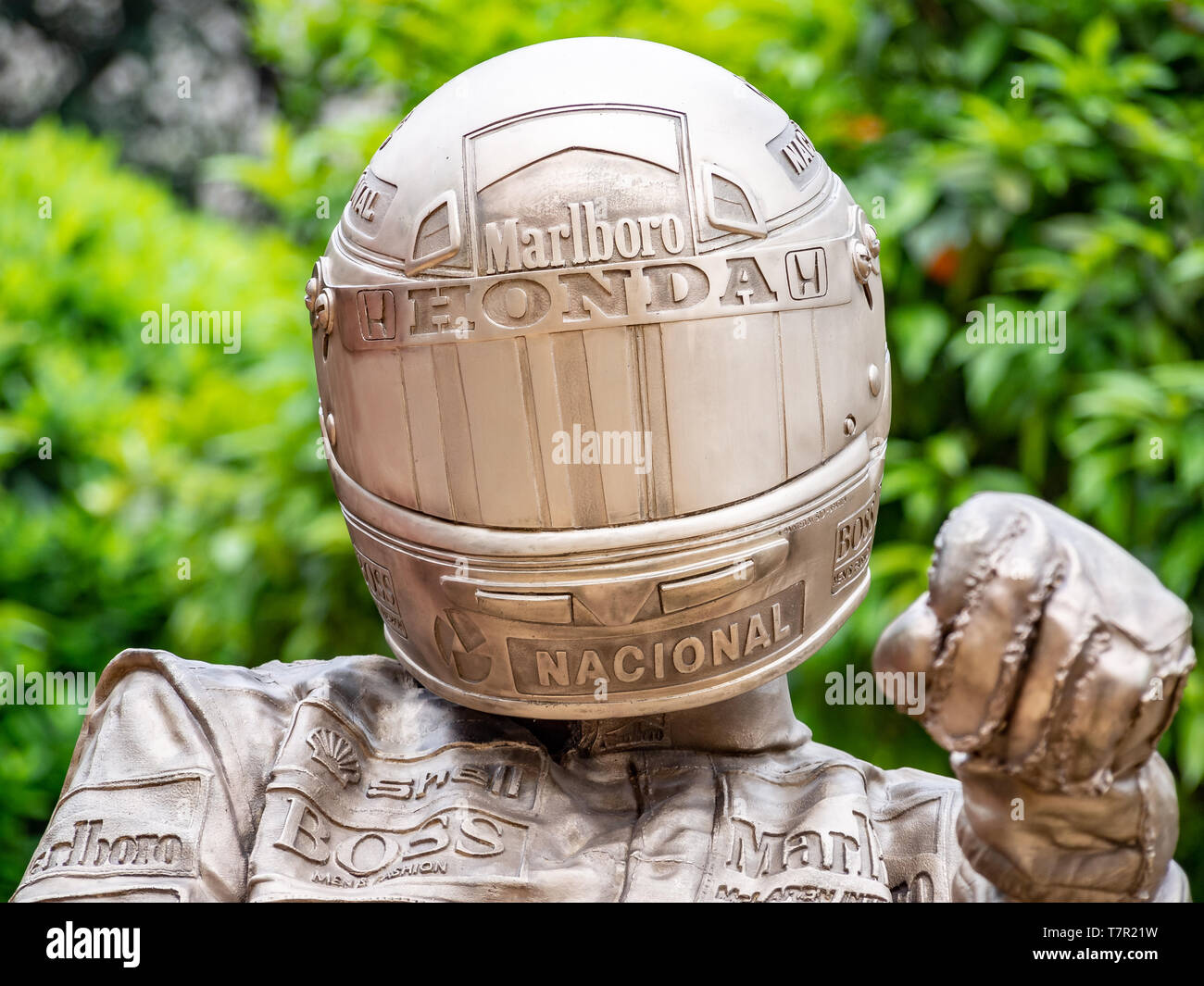 Barcelone, Espagne - 8 mai 2019 : Ayrton Senna sculpture grandeur nature par l'artiste anglais Paul Oz Banque D'Images