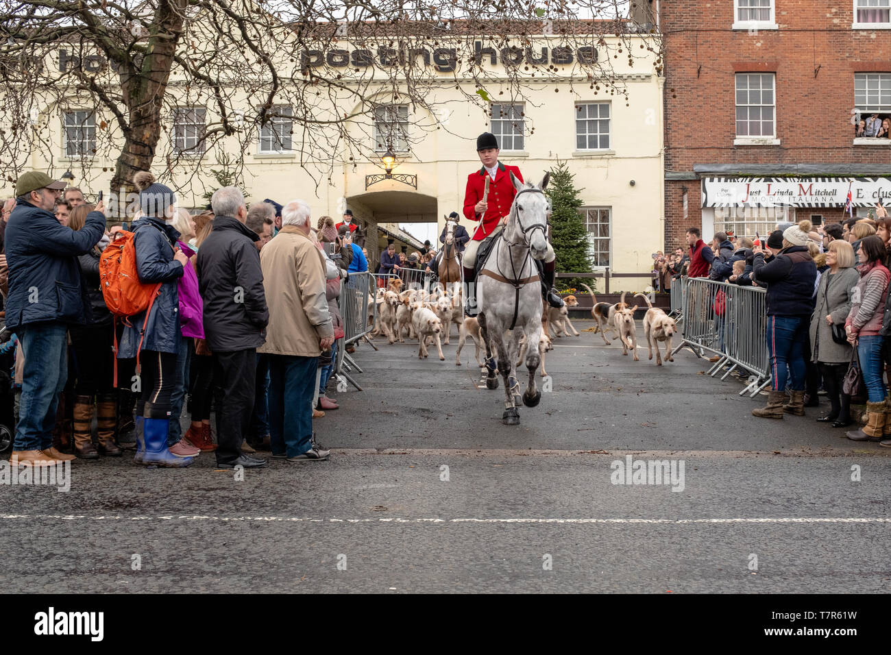 Bawtry, South Yorkshire, Royaume-Uni, décembre, 25th, 2018 : Le début de la Boxing Day Hunt, partant de Bawtry place du marché, avec des chiens cavalier solitaire Banque D'Images