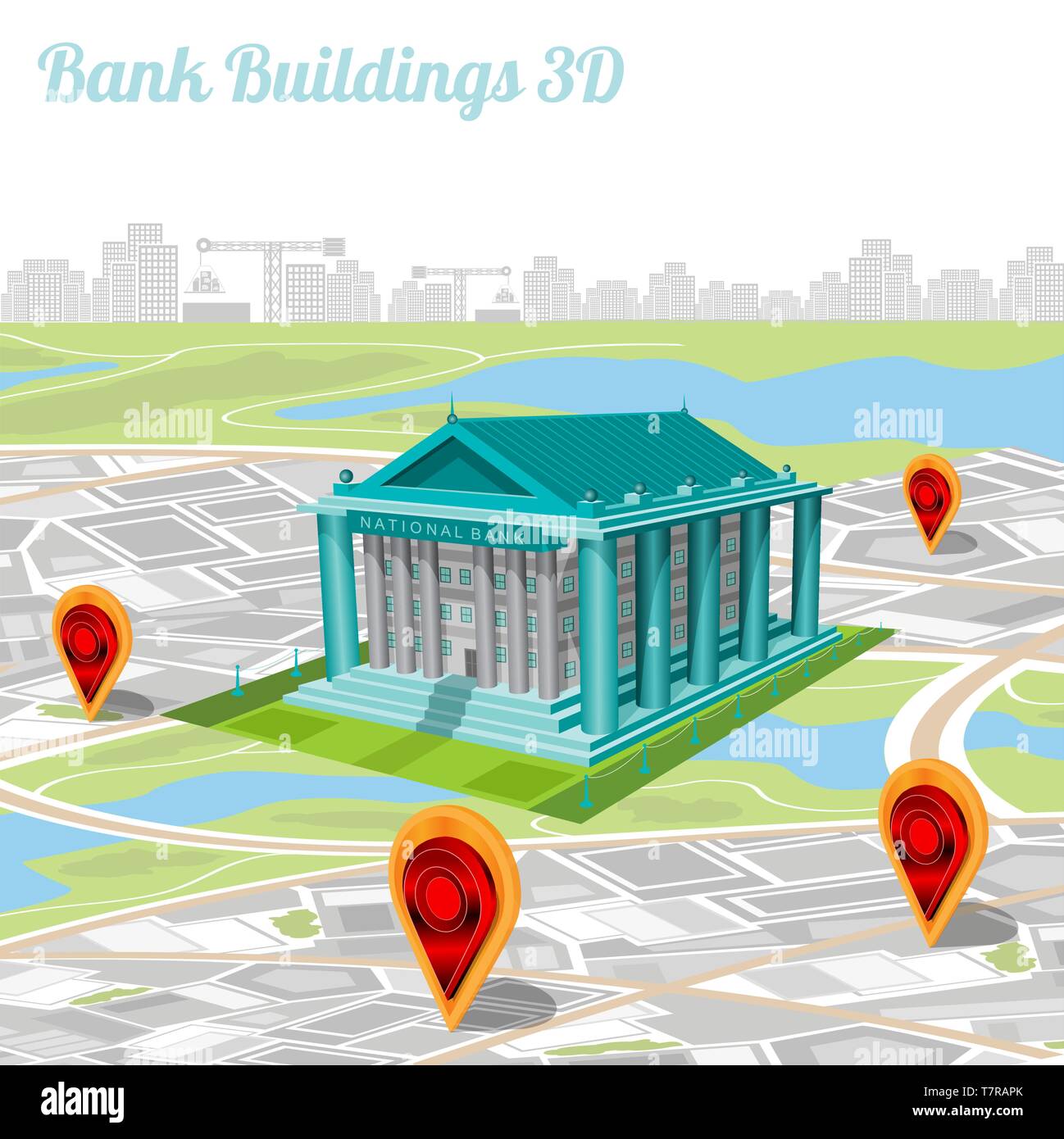 Bâtiment de banque et leur emplacement sur le plan de la ville Illustration de Vecteur