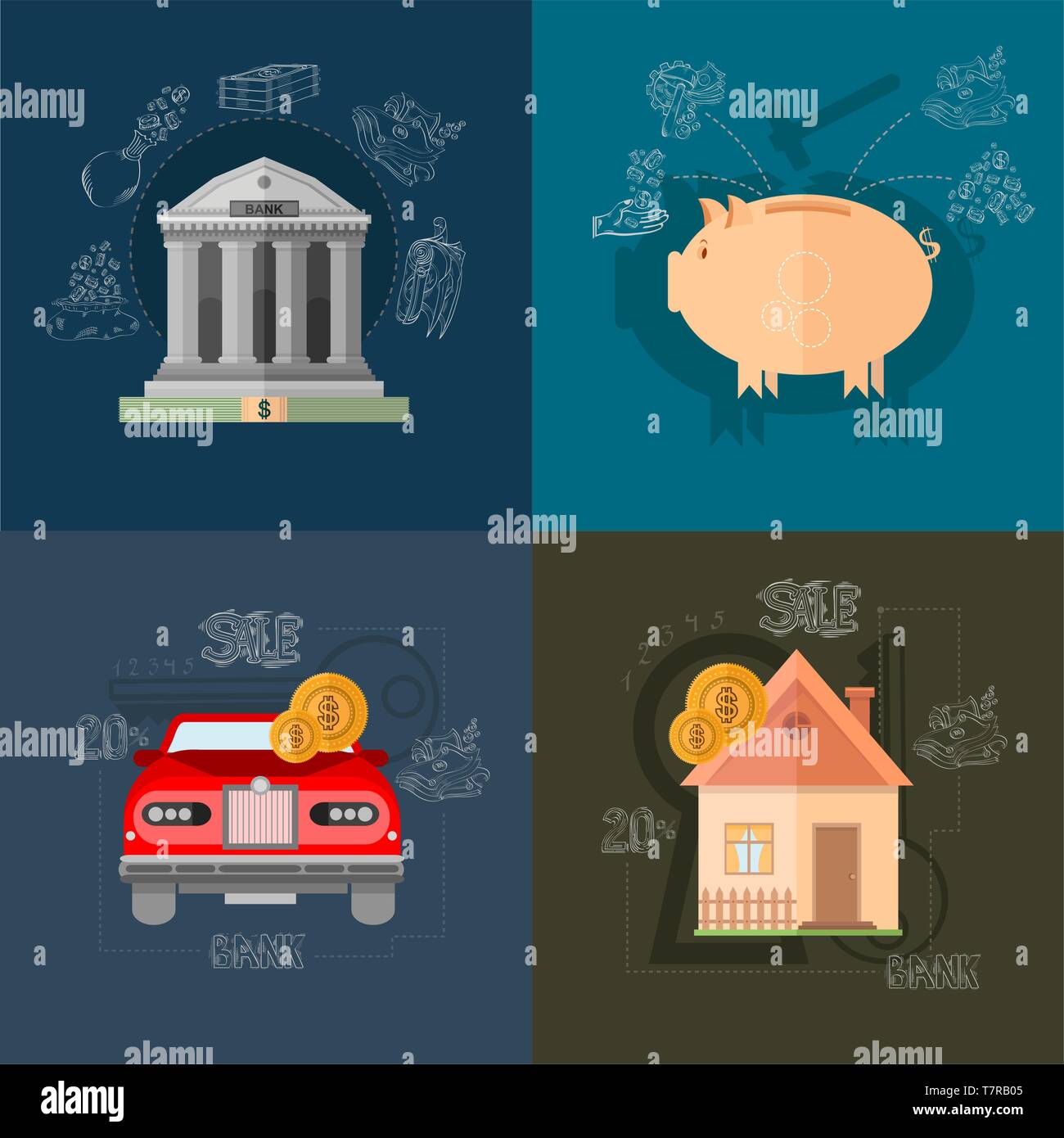 Design plat quatre illustrations vectorielles sur différents milieux avec opération financière-et d'achat de voiture et maison Illustration de Vecteur