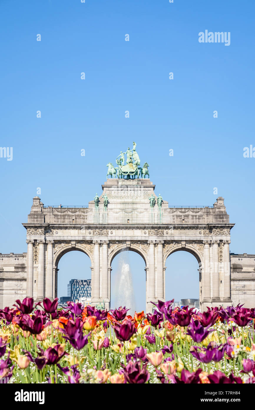 L'arcade du Cinquantenaire, l'Arc de Triomphe érigé dans le parc du Cinquantenaire à Bruxelles, Belgique, de fleurs en fleurs au premier plan. Banque D'Images