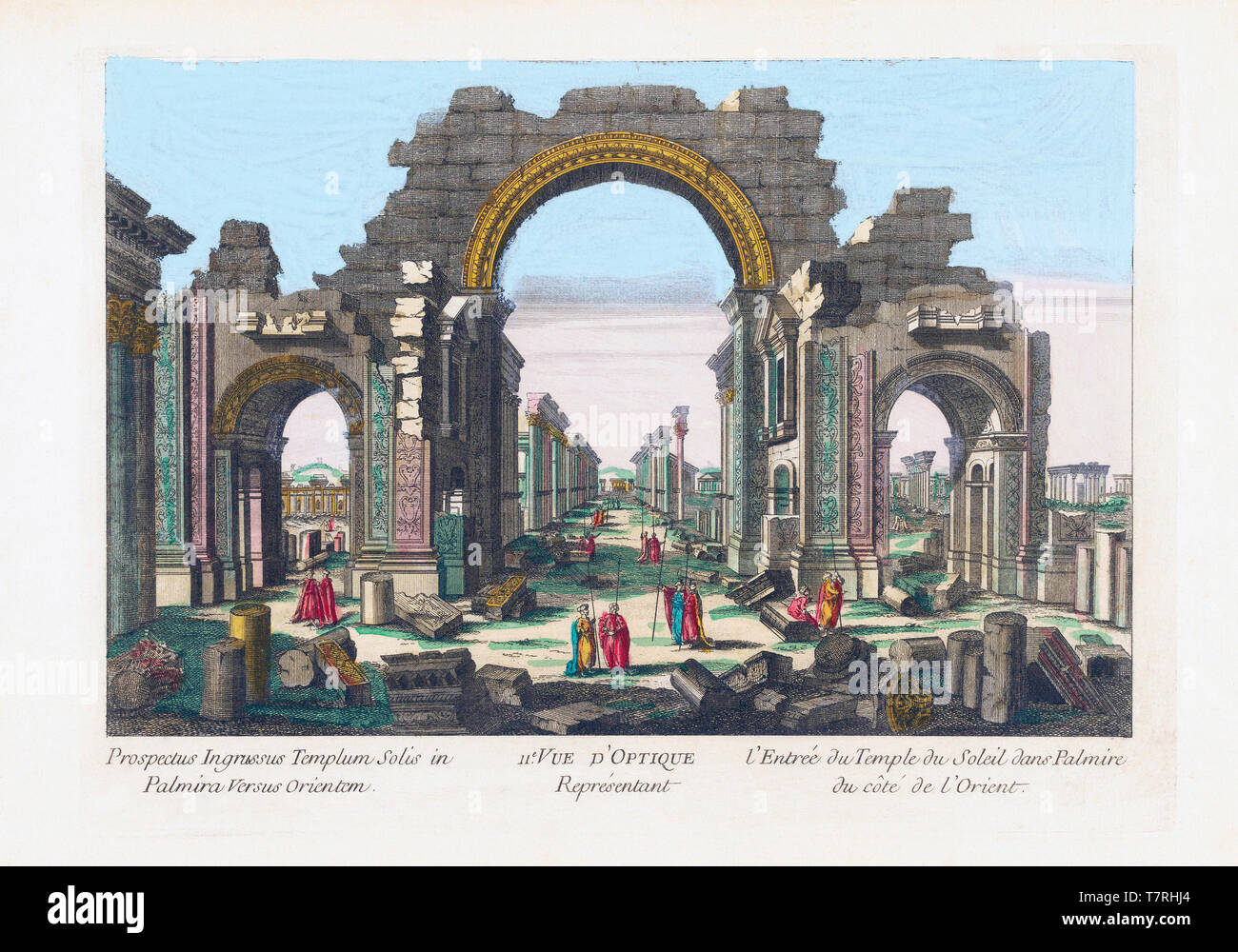 Palmyra, Syrie. Arc monumental, l'Est de l'entrée de la colonnade, après une gravure du 18ème siècle. La colorisation plus tard. L'arc monumental a été détruit en 2015 pendant la guerre civile en Syrie. Banque D'Images