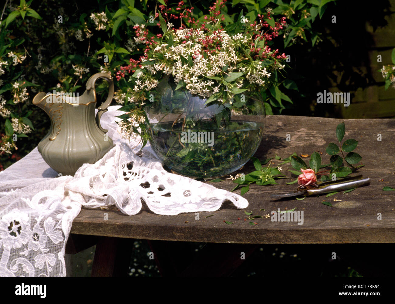 Aménagements des arbustes à fleurs en vase en verre Banque D'Images