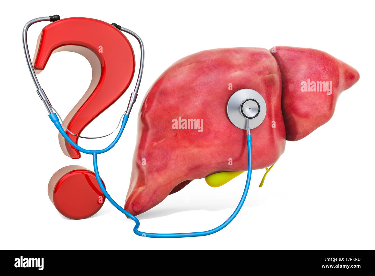 Le foie et vésicule avec point d'interrogation et stéthoscope. Le diagnostic et le traitement des maladies du foie, de concept. Le rendu 3D isolé sur bac blanc Banque D'Images