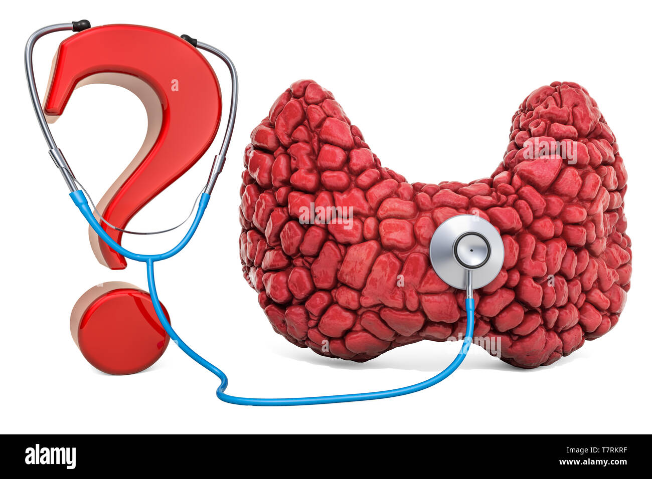 La thyroïde avec point d'interrogation et stéthoscope. La recherche et le diagnostic de maladie de la glande thyroïde, concept. Le rendu 3D isolé sur fond blanc Banque D'Images