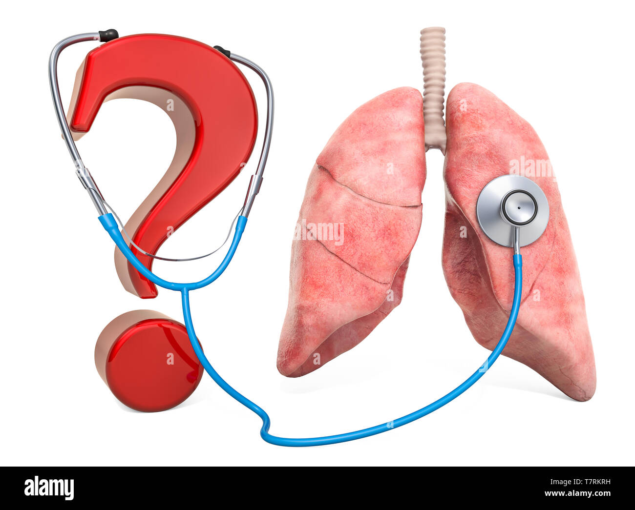 Les poumons avec un point d'interrogation et stéthoscope. Le diagnostic et le traitement des maladies du foie, poumons concept. Le rendu 3D isolé sur fond blanc Banque D'Images