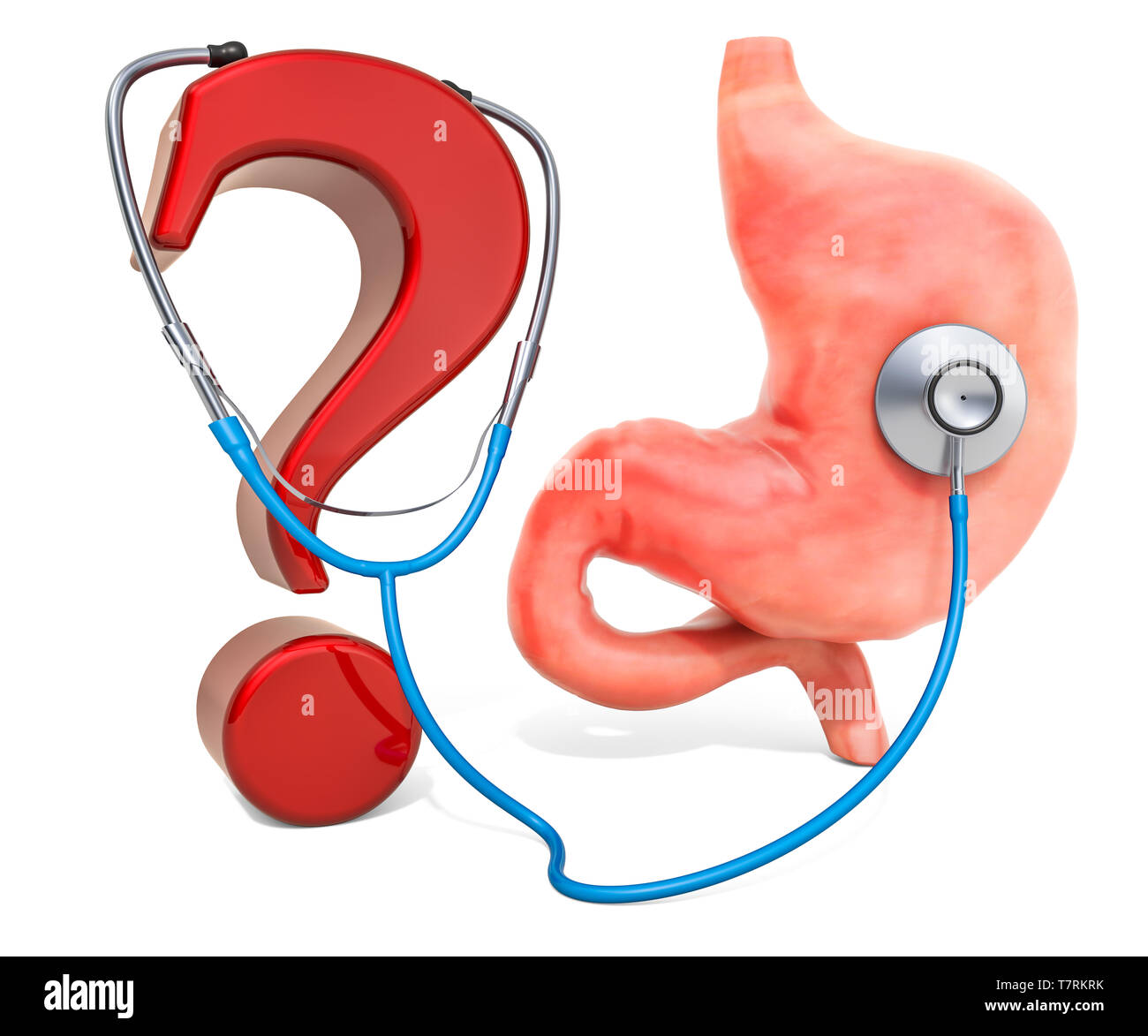 Les droits de l'estomac avec un point d'interrogation et stéthoscope. Le diagnostic et le traitement des maladies de l'estomac, concept. Le rendu 3D isolé sur fond blanc Banque D'Images