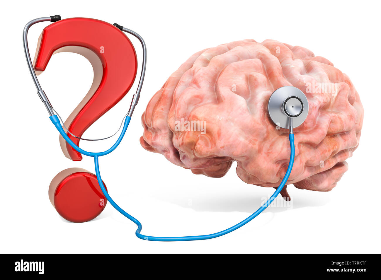 Cerveau humain avec un point d'interrogation et stéthoscope. Le diagnostic et le traitement des maladies du cerveau, concept. Le rendu 3D isolé sur fond blanc Banque D'Images