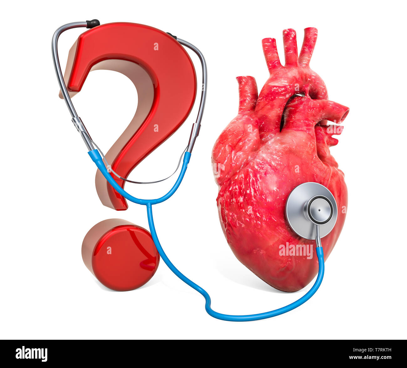 Coeur de l'homme avec un point d'interrogation et stéthoscope. Diagnostic et traitement des maladies du coeur, concept. Le rendu 3D isolé sur fond blanc Banque D'Images