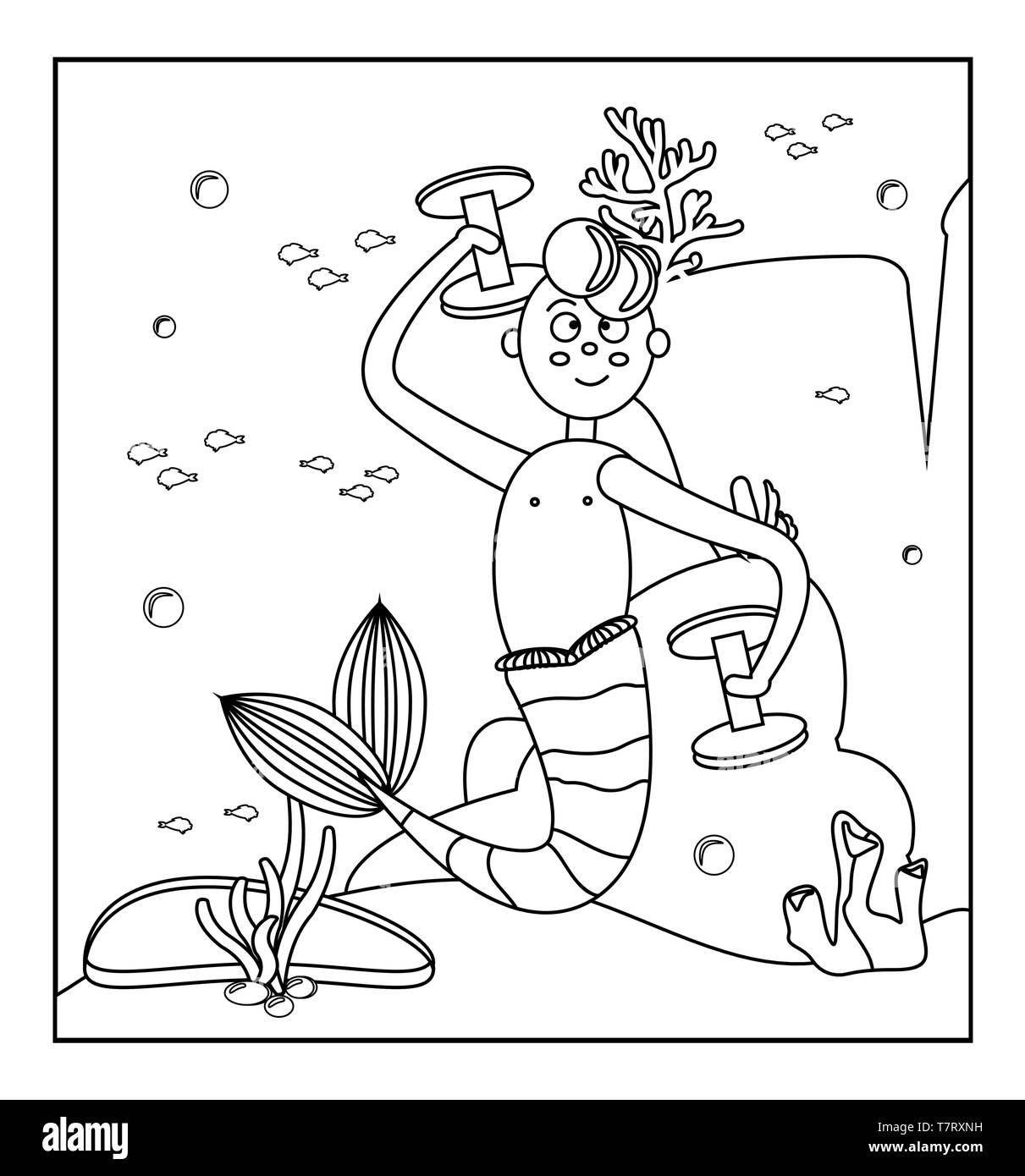 Livre de coloriage. Seascape. Cartoon mermaid Garçon jouant des sports sous l'eau. Avec une queue, des haltères. Les bulles, les poissons, les rochers et les algues. Vector illustration Illustration de Vecteur