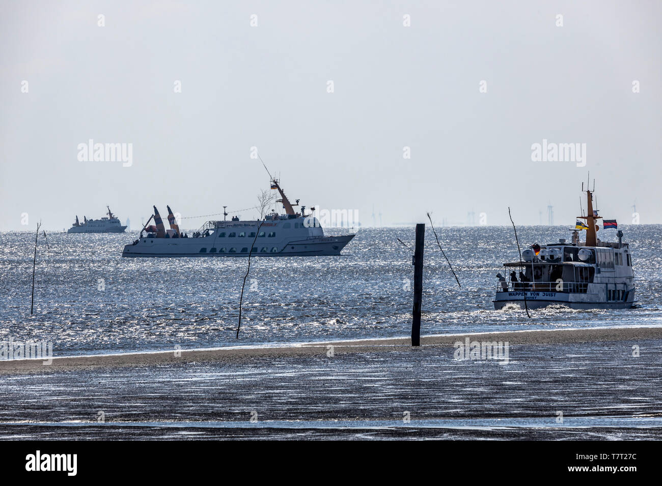 Ferry dans la mer des Wadden, en face de la mer du Nord île de Juist, Frise orientale, Basse-Saxe, Allemagne, Banque D'Images