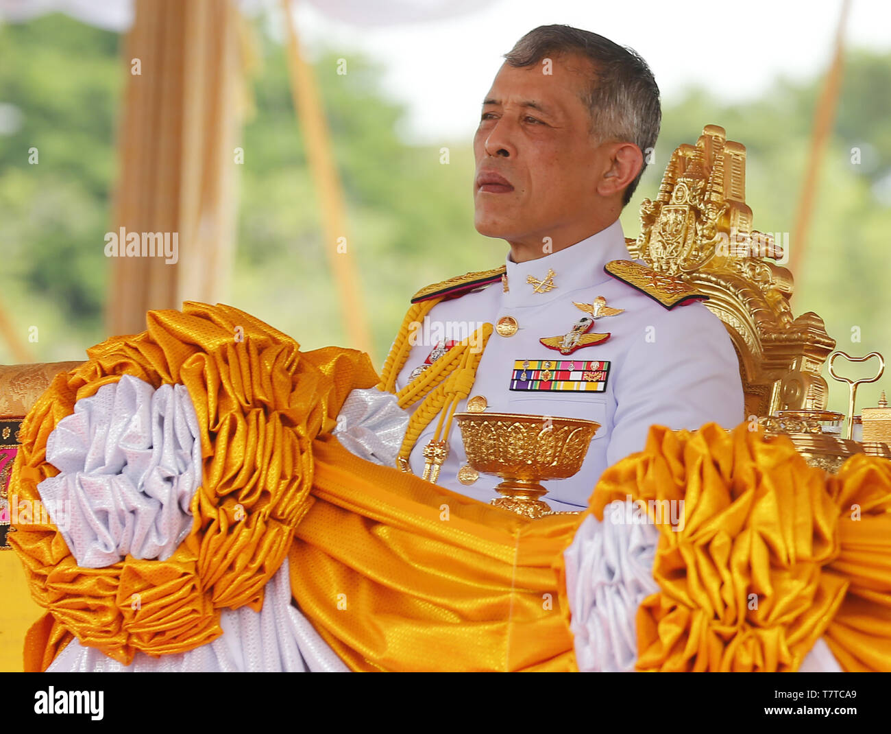 Bangkok, Thaïlande. 9 mai, 2019. Le Roi de Thaïlande Maha Vajiralongkorn Bodindradebayavarangkun (Rama X) montres l'Assemblée Cérémonie du Labour Royal à Sanam Luang.La cérémonie du labour royal est un ancien rite qui marque officiellement le début de la principale saison de culture du riz en Thaïlande. Chaiwat Subprasom Crédit : SOPA/Images/ZUMA/Alamy Fil Live News Banque D'Images