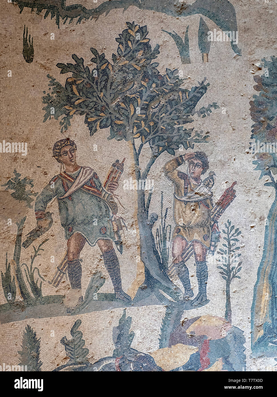 Scène de la chasse au petit gibier en mosaïque romaine la Villa Romana del Casale, Piazza Armerina, Sicile, Italie. Banque D'Images