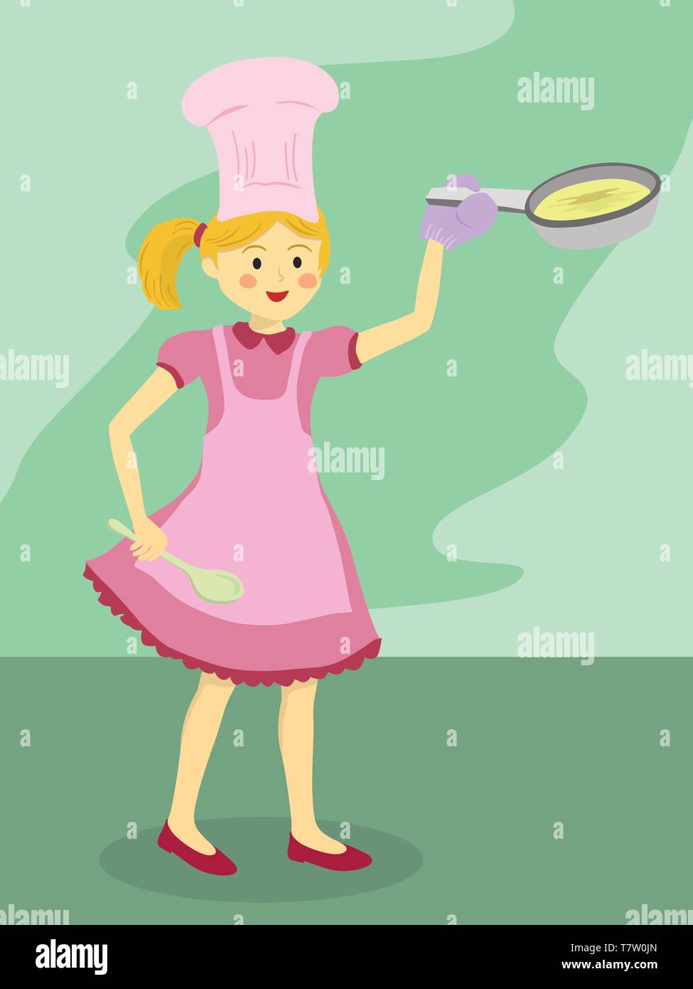 Chef de fille avec robe rose et tablier rose holding poêle et louche sur fond vert Illustration de Vecteur