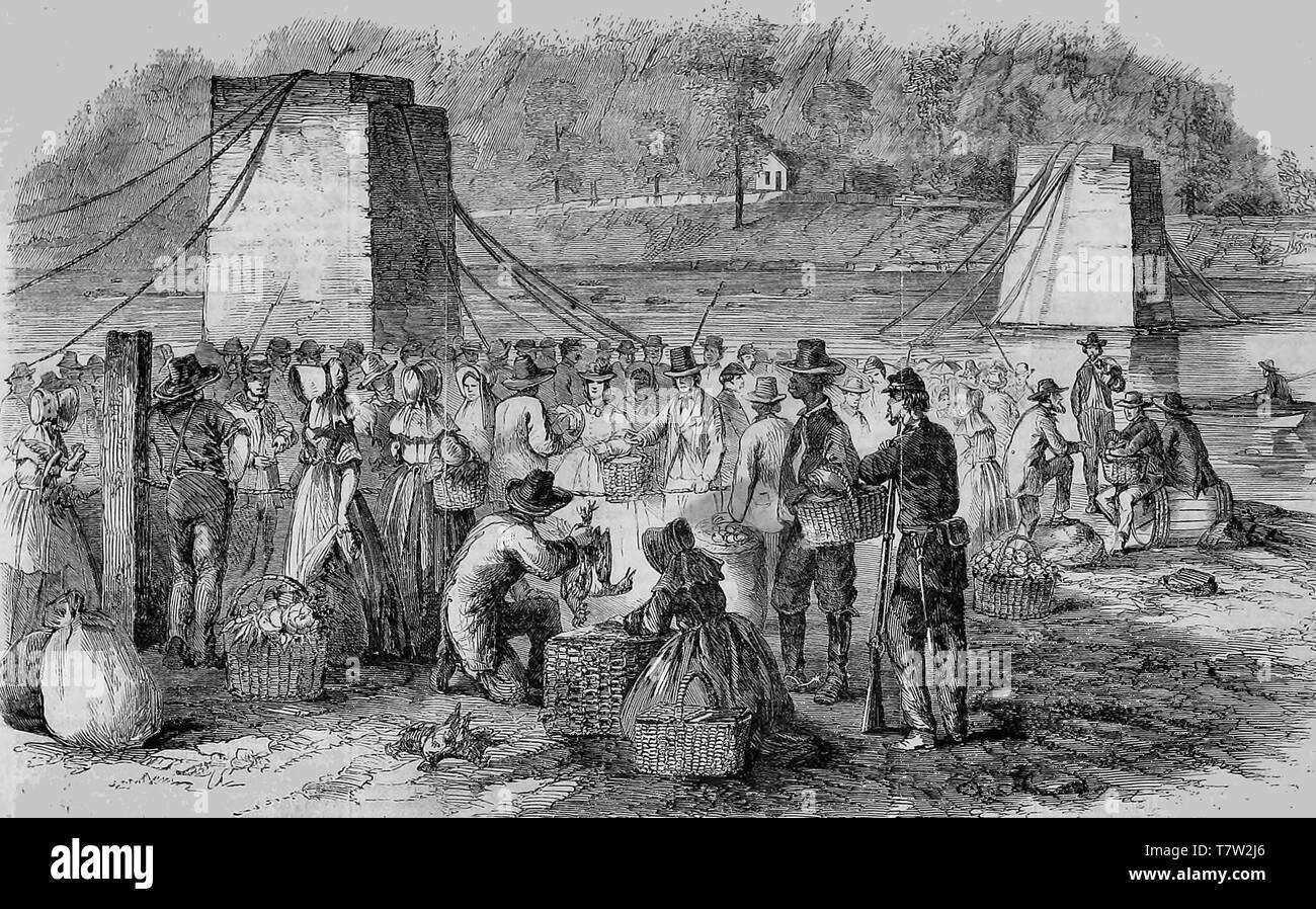 Le marché de pays à Harper's Ferry près du pont de chemin de fer détruit par les rebelles, 1864 Banque D'Images