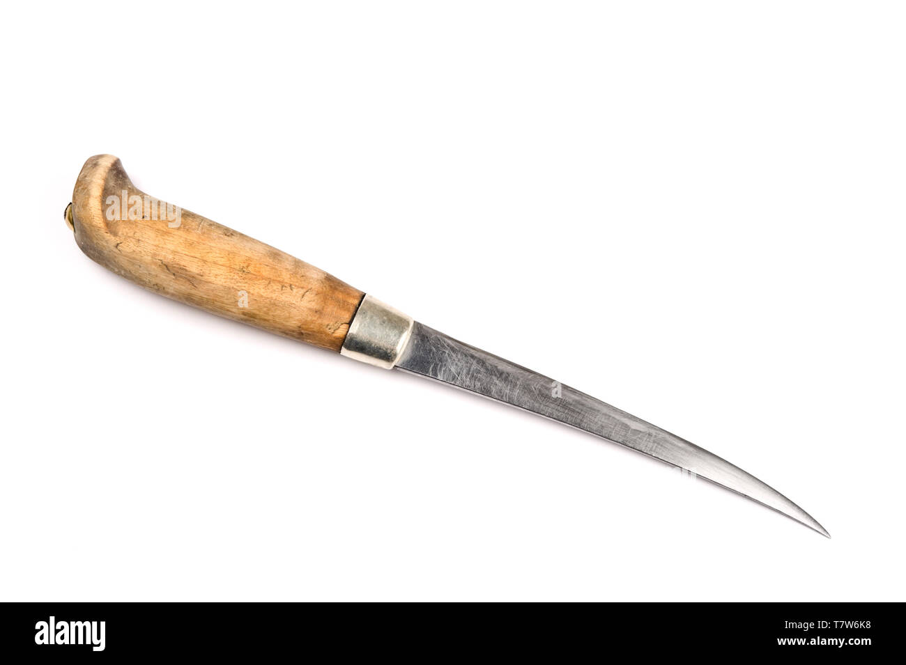 Ancien couteau de chasse isolé sur fond blanc. Banque D'Images