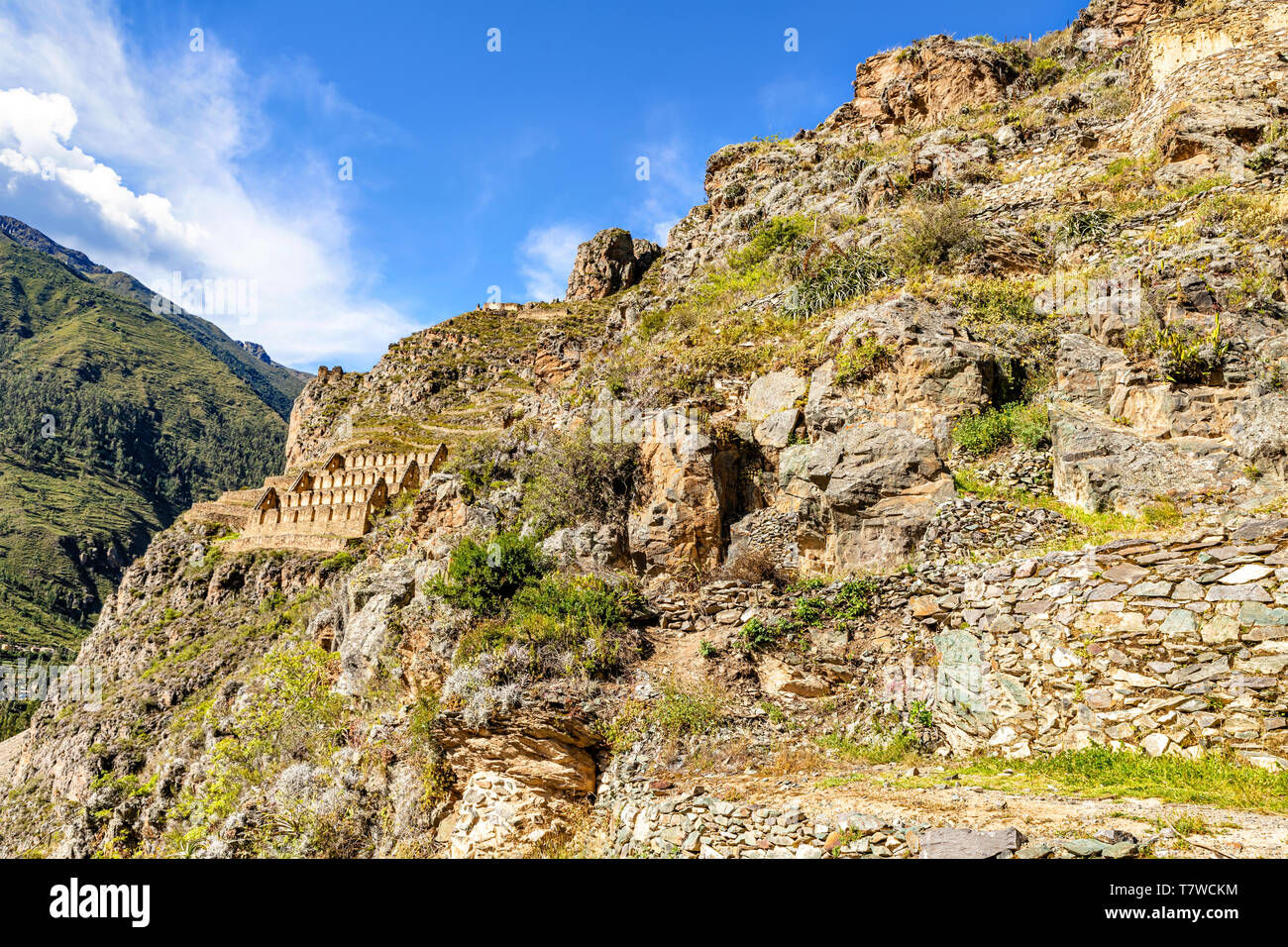 Site archéologique de Pinkuylluna Inca antiques maisons à stocker les récoltes. Maisons situées sur le côté de la montagne, au-dessus de ville d'Ollantaytambo dans une vallée sacrée Banque D'Images